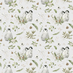 Watercolor seamless pattern with cute little penguins and floral elements. Arctic animal, flowers, pine cone, fir, leaves, berries. Winter holiday illustration for wrapping, textile, background © Kate K.
