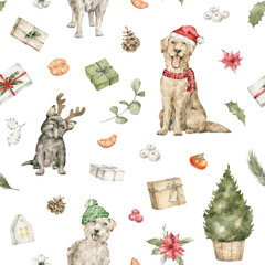 Watercolor seamless pattern with cute dogs in Santa hat and antler, Christmas tree, gift boxes, pine cone, oranges, berries and flowers. Winter holiday illustration for wrapping, textile, background