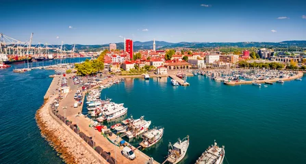 Foto op Plexiglas Adorable view from flying drone of Koper port. Colorful summer scene of Adriatic coastline, Slovenia, Europe. Picturesque Mediterranean seascape. Traveling concept background.. © Andrew Mayovskyy