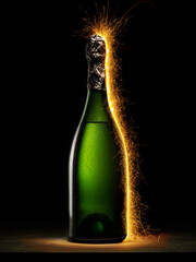 Bottle of champagne glowing in the dark. Festive background.