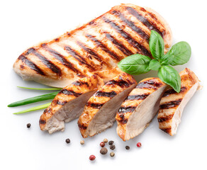 Grilled chicken fillet with herbs isolated on white background.