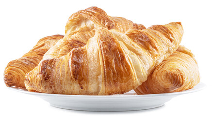 Tasty crusty croissants on the plate on white background. File contains clipping path.