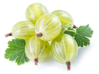 Green ripe gooseberries on white background. Close-up.