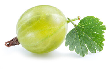 Green ripe gooseberry with a leaf on white background. Close-up.