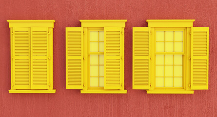 colorful yelow opened and closed window isolated on red background.