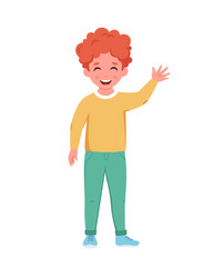 Red haired boy smiling and waving hand. School boy, elementary school student. Vector illustration