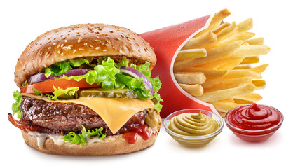 Delicious cheeseburger with cola and potato fries on the white background. Fast food concept.
