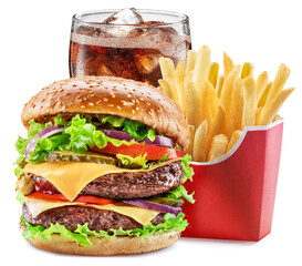 Delicious cheeseburger with cola and potato fries on the white background. Fast food concept.