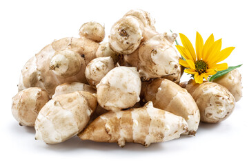 Jerusalem artichoke roots with leaves and flower of Jerusalem artichoke isolated on white background.