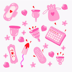 Set of period product and related items. Pads, tampons, menstruation calendar, cup. Cute style. Woman cycle and care concept.