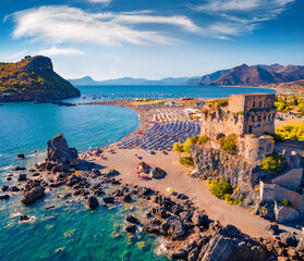 Fototapeta premium Gorgeous summer view of Fiuzzi Castle, Praia A Mare location. Wonderful morning seascape of Mediterranean sea. Spectacular outdoor scene of Italy, Europe. Traveling concept background.