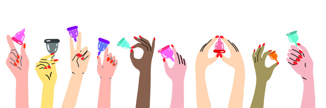 Set of woman hands holding menstrual cups. Size and color variety. Zero waste and plastic free periods. 