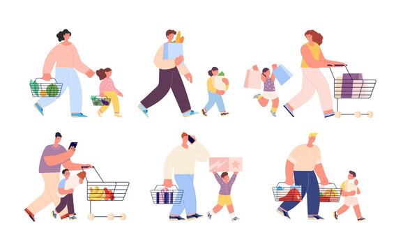 Shopping family. Isolated people buy food, shop or market customers. Parents with children holding bags, weekend shoppers utter vector characters