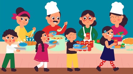 Kids buffet concept. School canteen, chefs giving food for children. Students on lunch, people eat in cafe. Dinner time decent vector concept