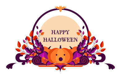 Decorative template for halloween in orange and purple colors. Image Pumpkins surrounded by an openwork frame and autumn leaves. Perfect for the design of postcards, packages, websites, brochures. 