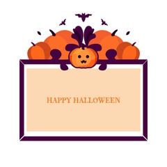 Decorative template for halloween in orange and purple colors. Image Pumpkins surrounded by an openwork frame and autumn leaves. Perfect for the design of postcards, packages, websites, brochures. 