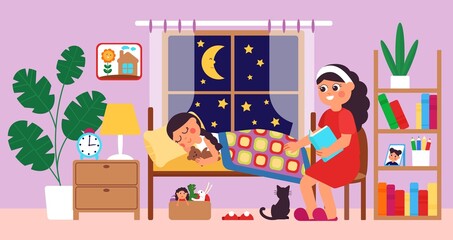 Children bedtime. Mother putting daughter bed, mom reading story to child. Night tales, girl sleep and young woman sitting with book decent vector scene