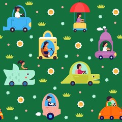 Kids transport pattern. Transportation, cartoon people driving toys cars and vehicle. Fantasy auto, childish fabric print decent vector seamless template