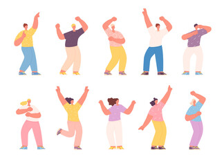 Isolated dancing people. Group friends, happy excited girl in dance. Smiles young teens celebration, disco party or music festival utter vector set