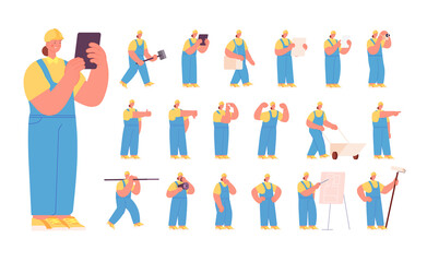 Fototapeta premium Woman builder character. Female engineer, construction worker in helmet. Building industry, architect project. Repair contractor utter vector set