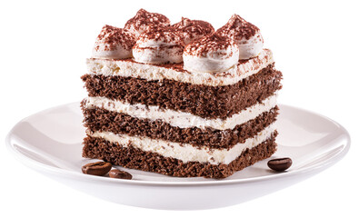 Slice of chocolate cake with tiramisu cream and cocoa powder on white plate isolated on white background.