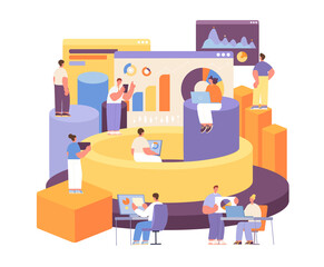 Analytics characters. 3d composition, business technology information. Digital finance, people studies or working with charts utter vector scene