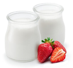 Two glass containers with plain yoghurt and berries isolated on white background.