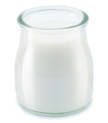 Glass container with plain yoghurt isolated on white background.