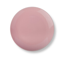 Pink ceramic plate on white background. Top view