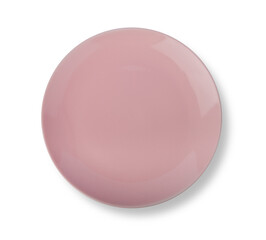 Fototapeta premium Pink ceramic plate on white background. Top view