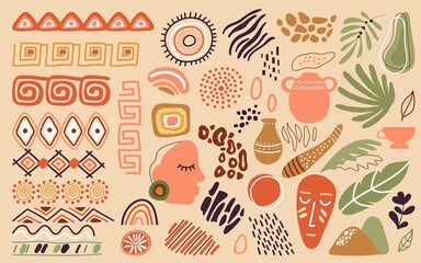 African abstract elements. Freehand doodle nature shapes, decorative ornaments. Modern ethnic borders, bohemian mexican style decent vector set