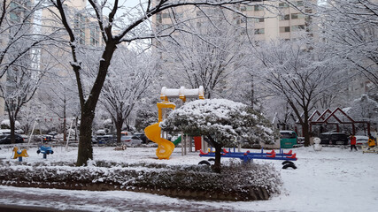 Snow covered a town and its park