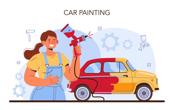 Car service. Mechanic in uniform paint a body of vehicle.