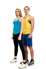 Full photo of young couple working out together on white background