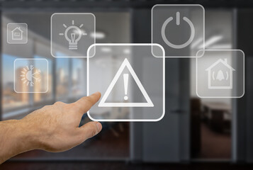 Male hand using access control and alarm system of smart house app on virtual panel