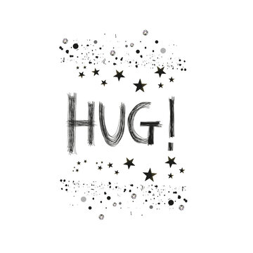 Shiny slogan graphic for t shirt. ''Hug'' text