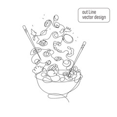 Poke bowl with shrimp salad and vegetables drawn in trendy style in one line, isolated on white background.Vector line art illustration of healthy food