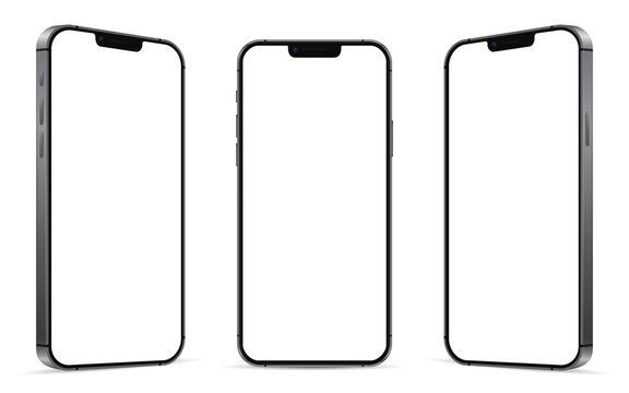 Kiev, Ukraine - October 04, 2021: Apple iPhone 13 in graphite color. 3D mobile phone with shadow on transparent background. Mock-up screen front view iphone with white screen and angle phone.