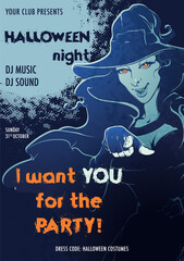 Beautiful young girl cosplaying witch in cloak and hat pointing out with her finger. Moonlit night Halloween party flyer template. EPS10 Vector illustration.