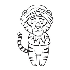 Cute Cartoon Indian Tiger, Predator Relax Yoga, Chinese Happy New Year 2022. Vector Cartoon Illustration Coloring Page