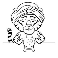 Fortune Teller Tiger looking into Globe. Vector Cartoon Illustration Coloring