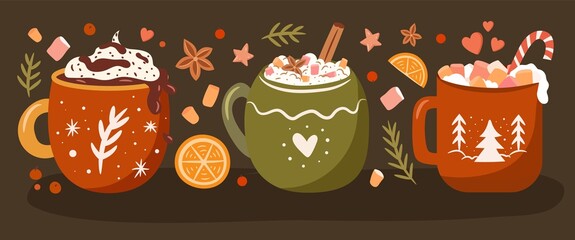 Christmas cups vector set. Collection of winter drinks in cozy mugs and sweets. Hand drawn flat illustration