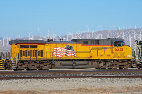 Mojave, California, USA - October 1, 2021: image of a Union Pacific locomotive shown stationary.