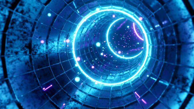 Seamless loop motion graphic of flying into swirl circle digital tunnel
