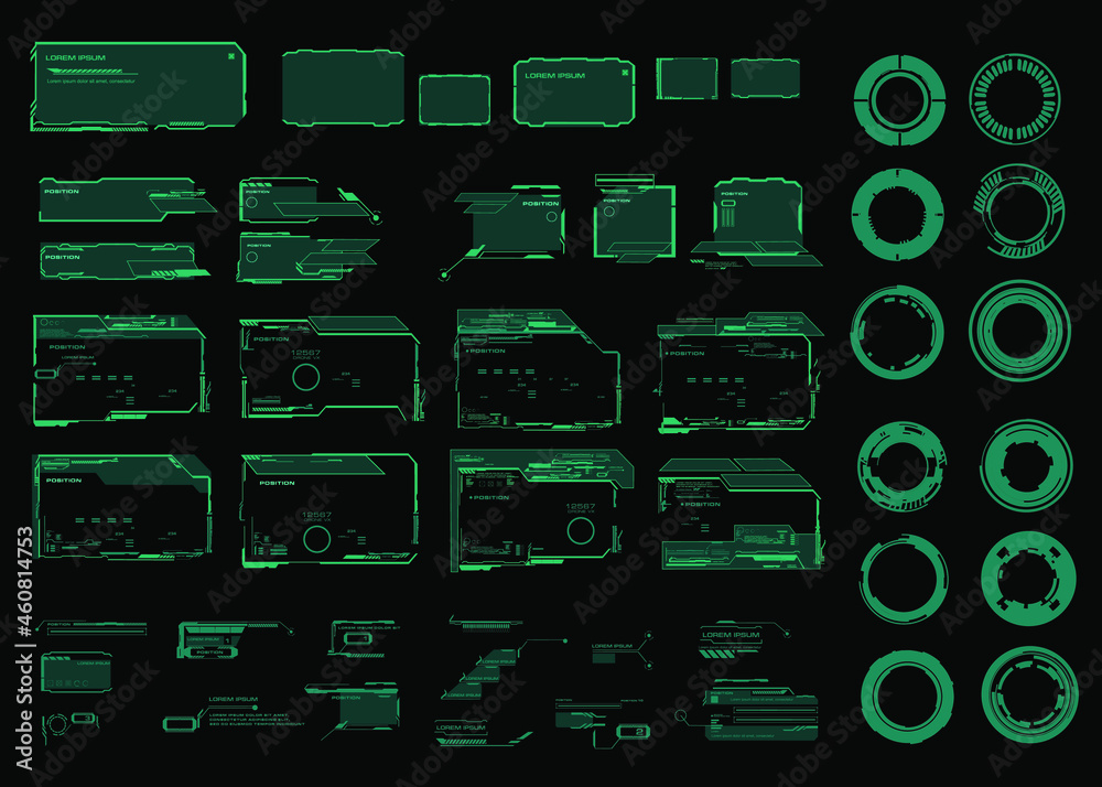 Fototapete Set of futuristic green frames, dialog boxes, circles and targets. Elements for the user interface HUD, UI. Modern futuristic digital frames for games. Set of cyber frames for HUD user interface