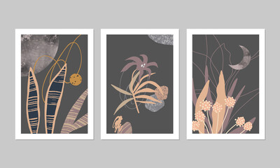 Set of abstract botanical illustrations in collage style. Great for interior decor, wall art, tote bag, t-shirt print.
