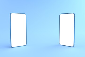 3D rendering of mockup blue Smartphone white screen on blue floor, Blue Mobile phone tilted and lay down on the ground. Smartphone white screen can be used for advertising,Isolated on blue background.