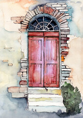 Watercolor illustration of an old arched wooden door painted in red paint under a withered red brick arch