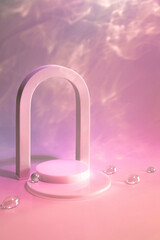 Abstract surreal scene - empty stage with cylinder podium and arch on pink pastel background with...