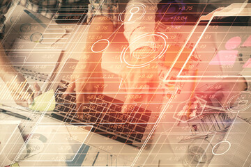 Double exposure of man and woman working together and data theme hologram drawing. Computer background. Top View.
